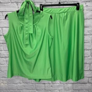 Vintage Judy Bond Skirt Set Size 12 Nylon Sleeveless Lime Green Tie Belt 60s 70s